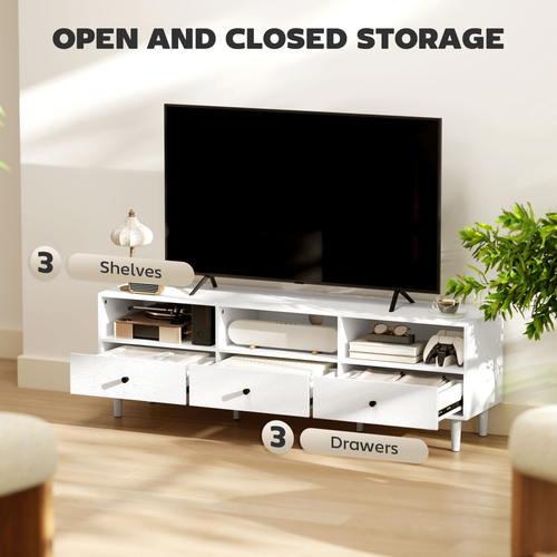 White TV cabinet with open shelves and multiple drawers for media storage