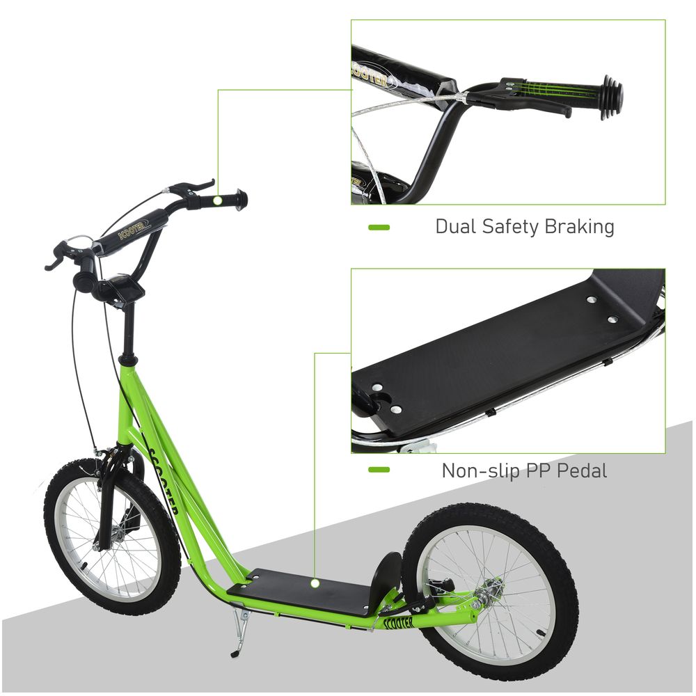 Green kids kick scooter with non-slip deck pedal and dual braking hardware