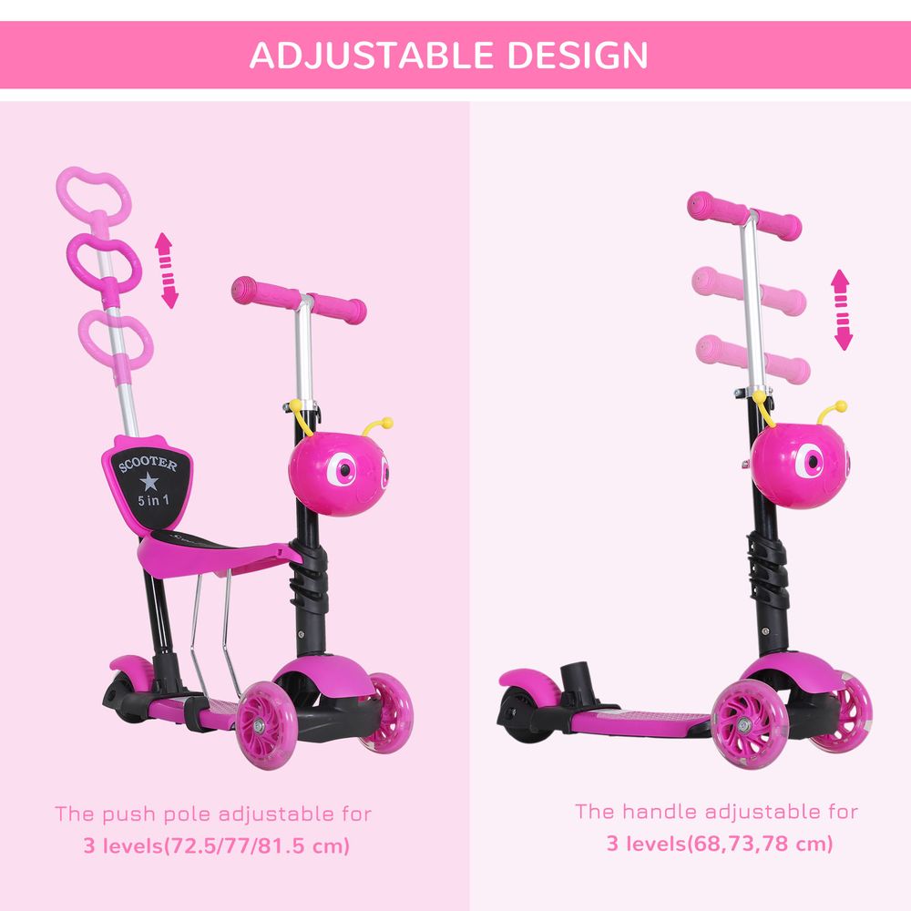 Pink kids kick scooter with adjustable push handle and detachable seat
