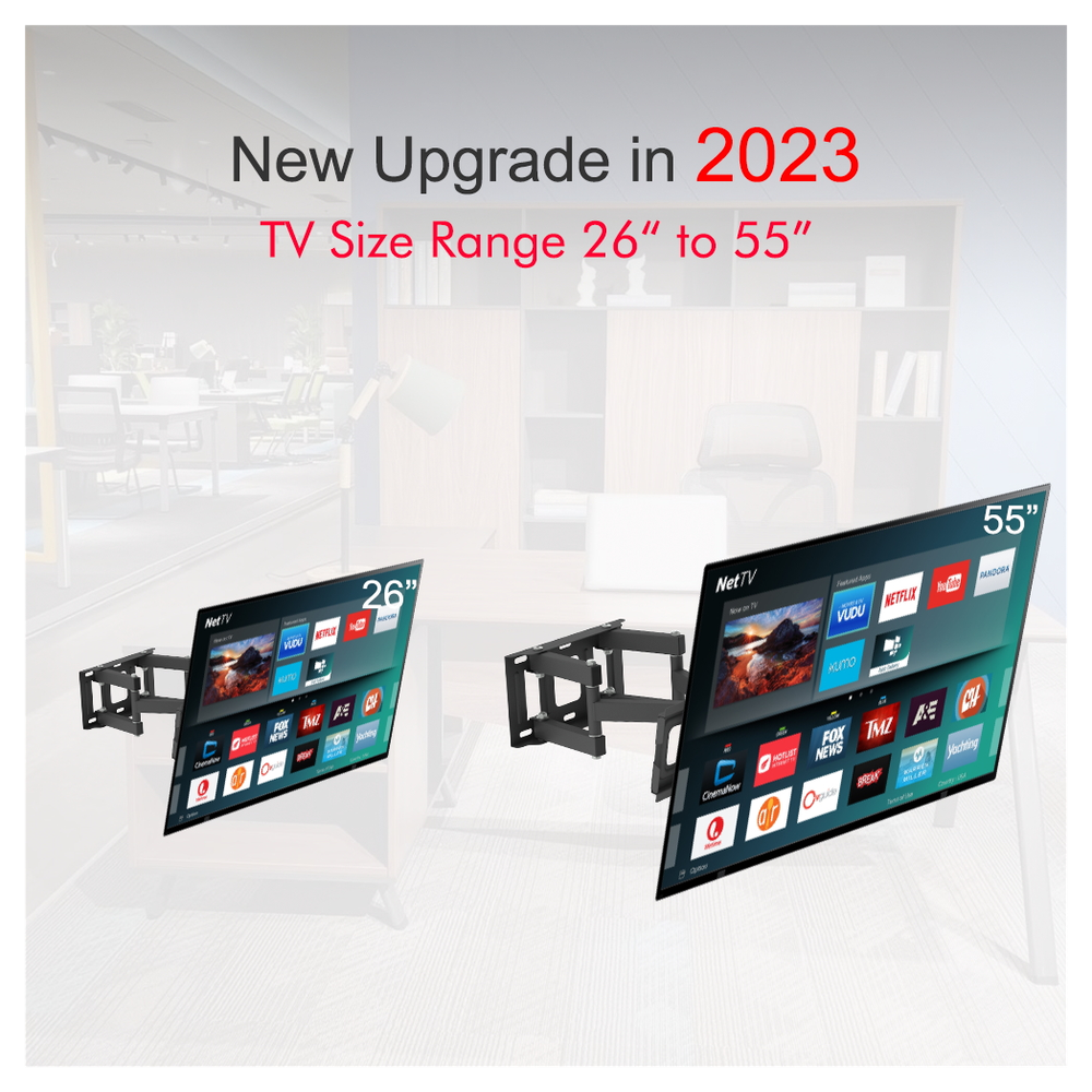Double pendulum TV wall mount bracket inset, dark metal, fits TVs 26–55 inches.