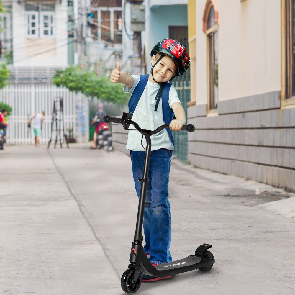Black electric scooter with handlebars, front wheel, and foot deck with rear fender