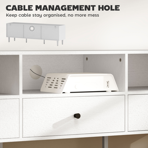 White TV cabinet showing cable management hole behind the front drawers
