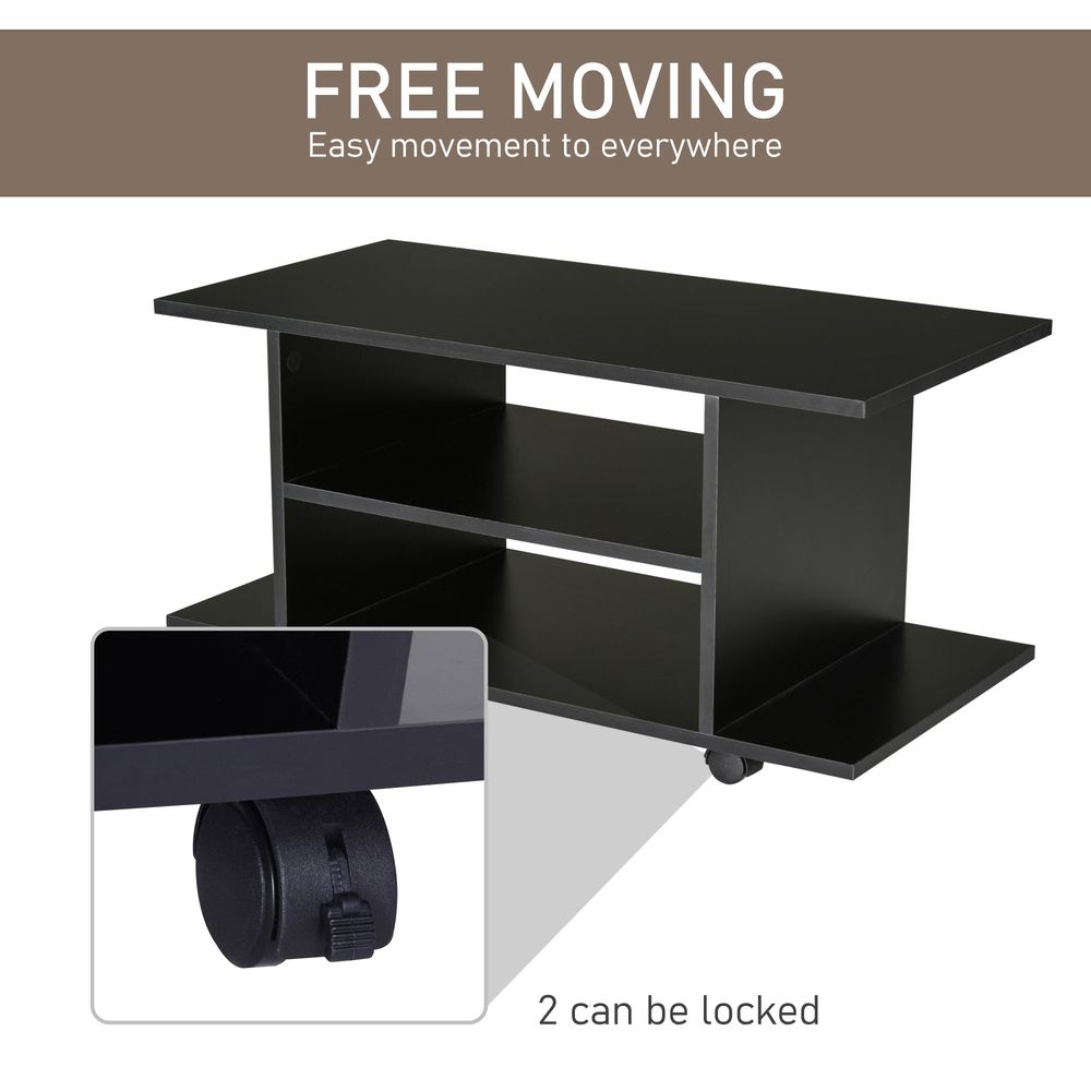Black TV stand with two-tier shelves and lockable rolling casters