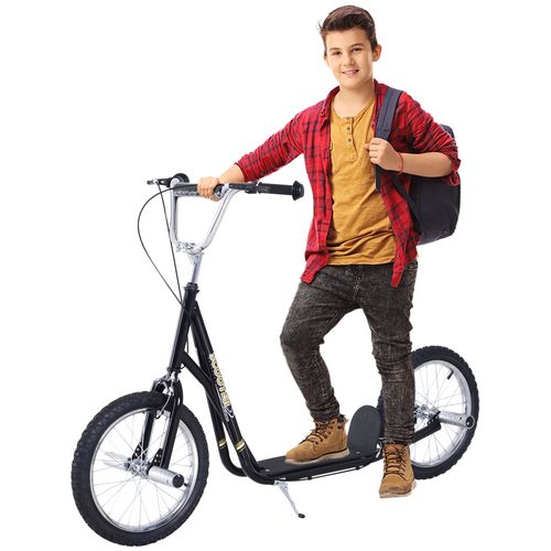 Black stunt scooter with black handlebars, curved deck, and 16 in tires