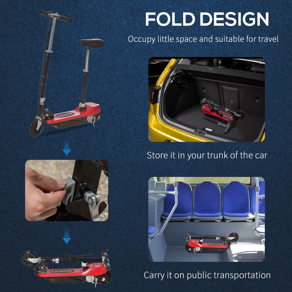 Kids electric folding scooter shown folded, with storage in open trunk area