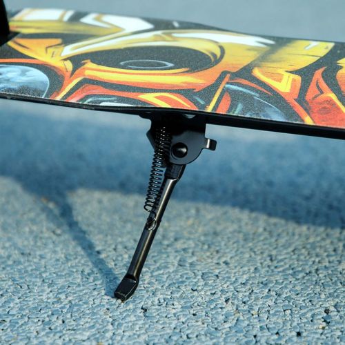 Kickstand and hinge detail on black kids foldable scooter