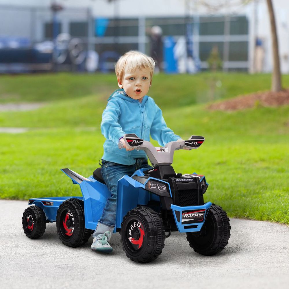 Blue ride-on electric quad bike with black seat, red wheels, and front controls
