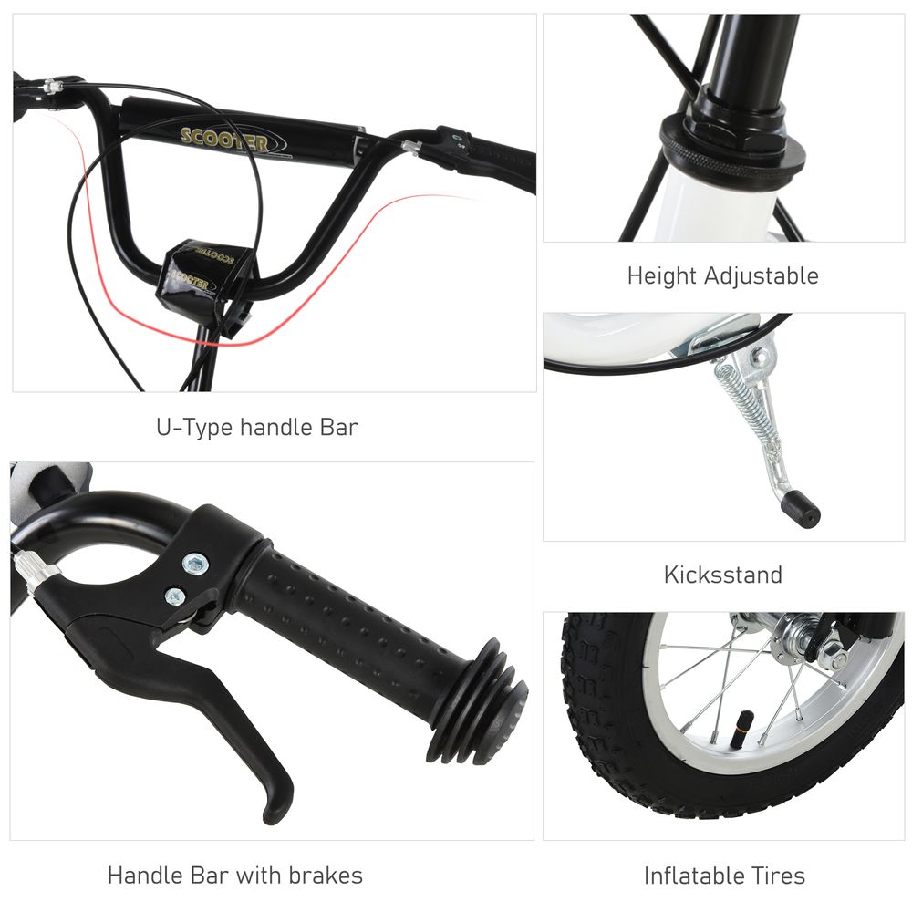 Kids kick scooter features: U-handlebar with brakes, kickstand, and inflatable rubber tires