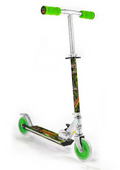 Two-wheel kids scooter with green grips, dinosaur graphic deck, and green wheels