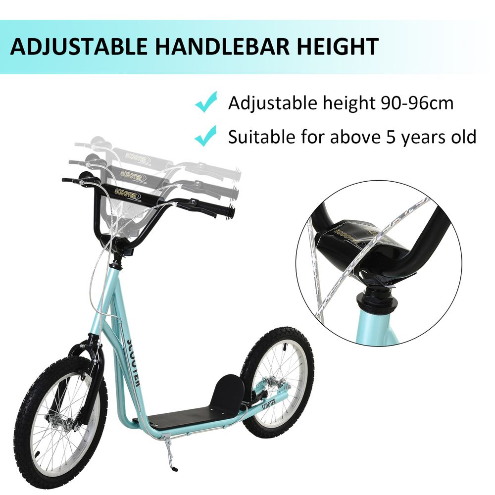 Kids kick scooter with adjustable handlebar, light blue frame, black deck pad, rubber tires