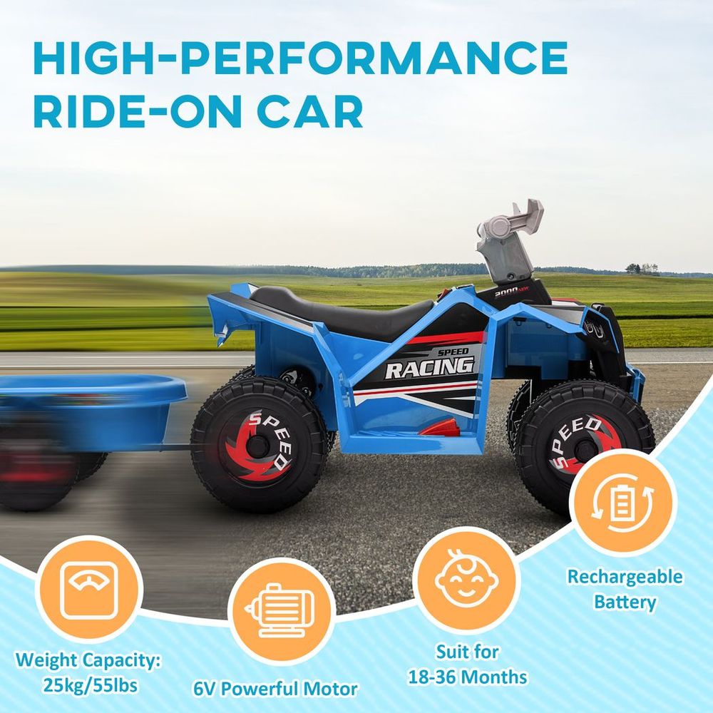 Blue ride-on electric quad bike with Racing decal and rechargeable battery feature icons
