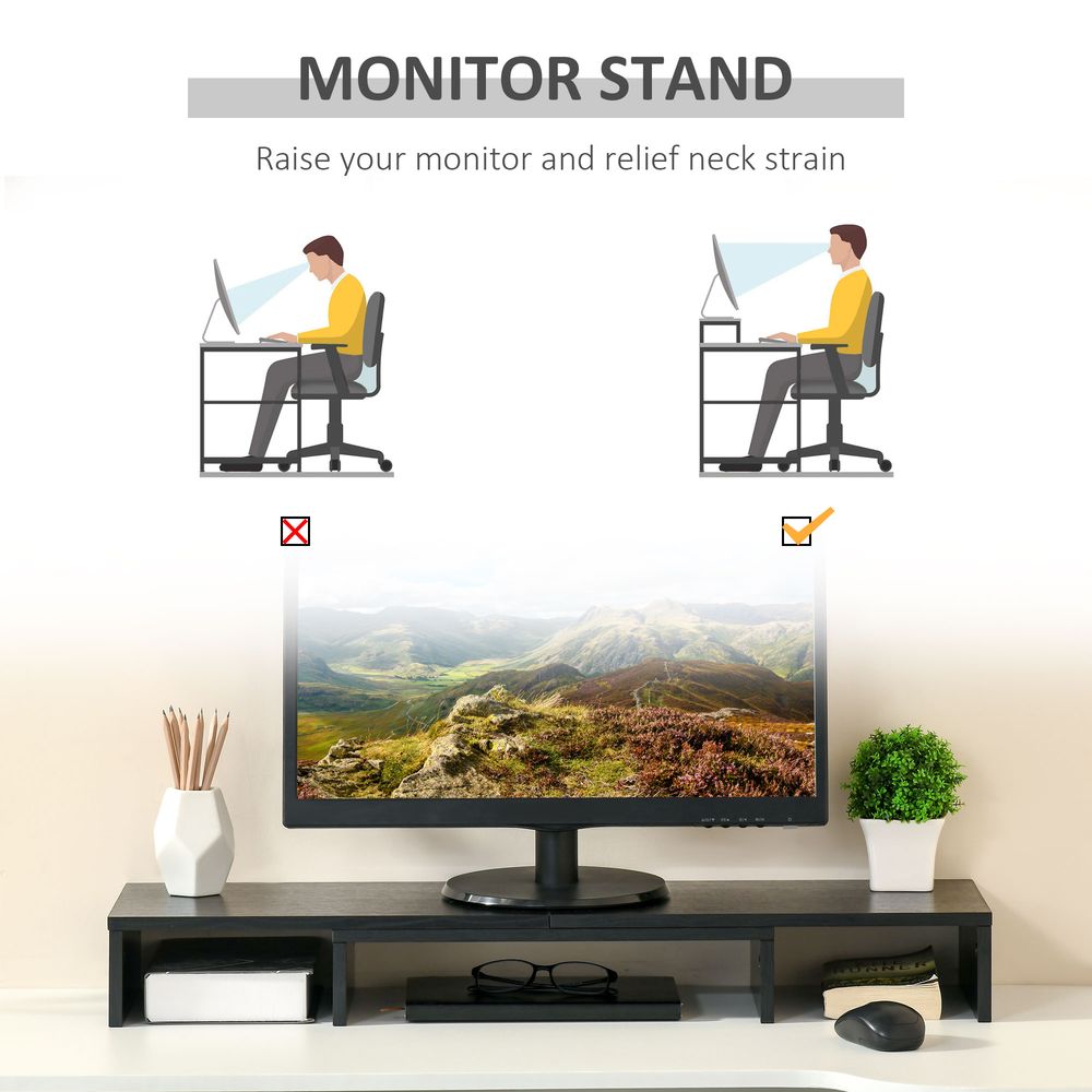 Black monitor stand riser raising a screen, illustrated setup for better viewing posture