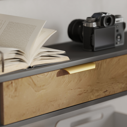 Close-up of floating grey TV console drawer front with wood-tone panel and LED