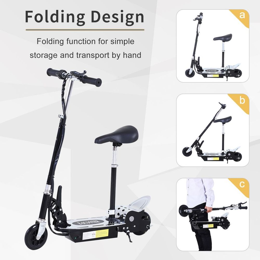 Foldable electric scooter with black frame, kickstand, and front fender in multiple positions