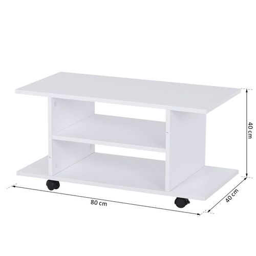 White 3-tier TV stand bookshelf cabinet on four caster wheels, open shelving