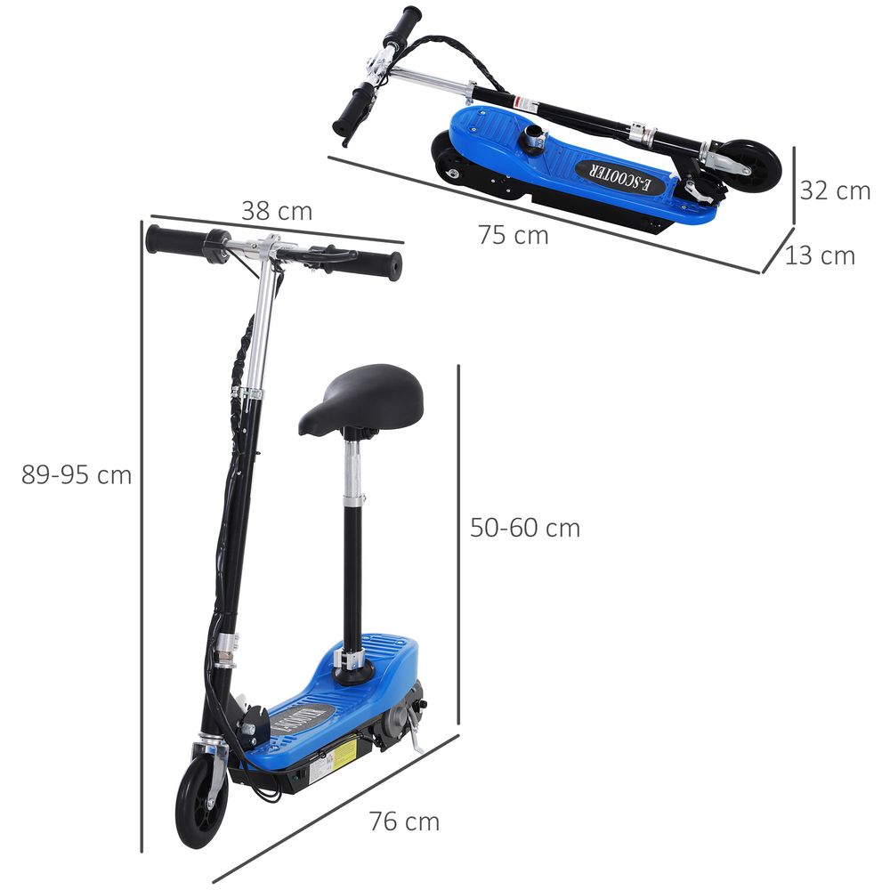 Kids electric ride-on scooter with blue footplate and adjustable seat, side view with size guide