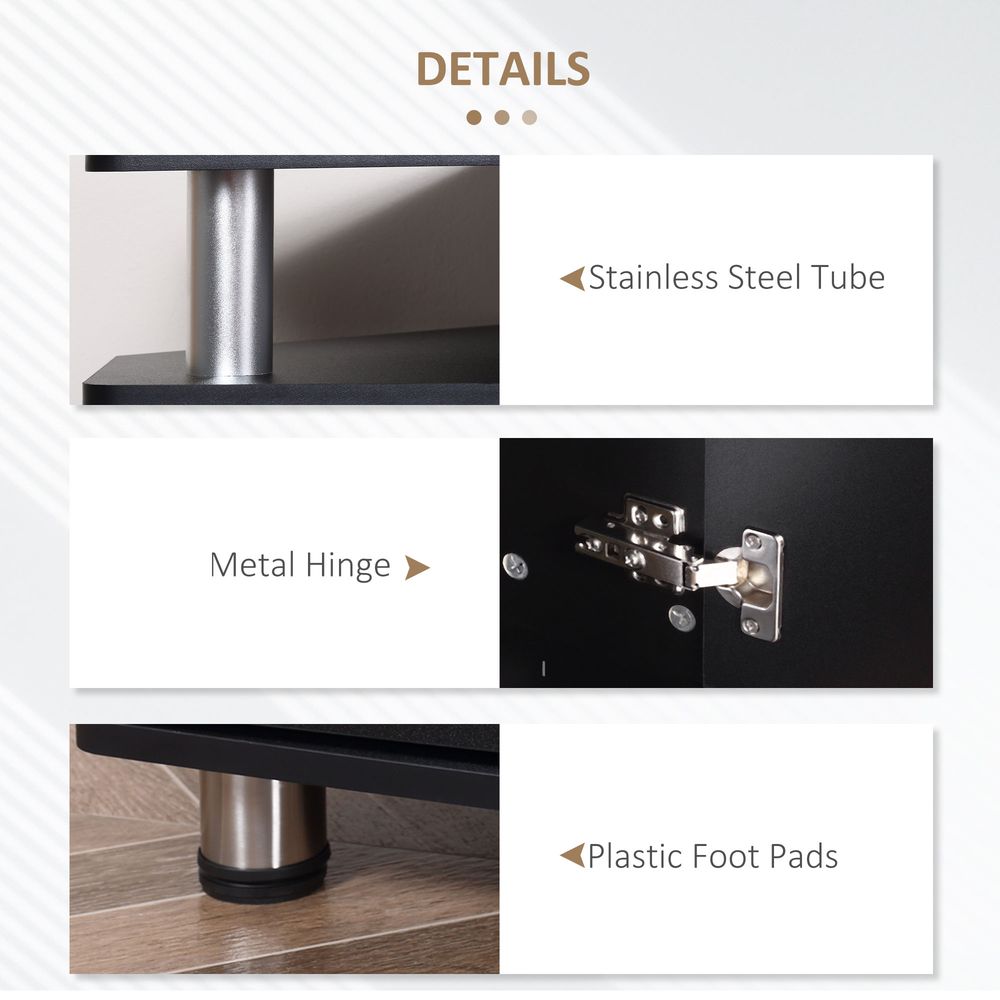 TV unit details: stainless steel tube legs, metal hinges, plastic foot pads
