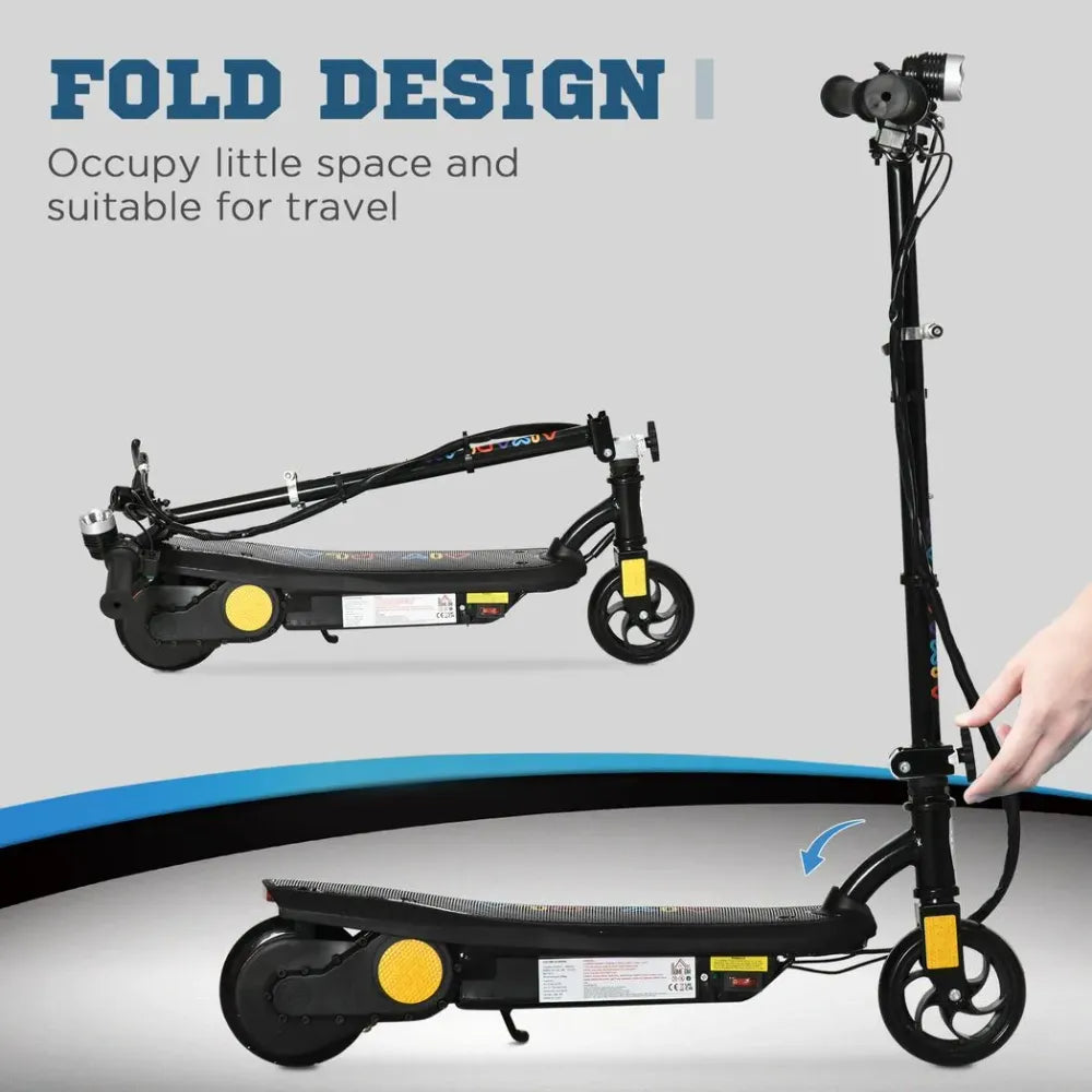 Black folding electric scooter compact frame with front headlight and textured deck
