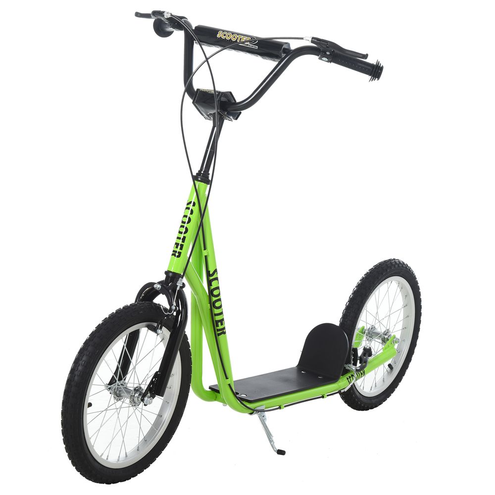 Green kids kick scooter with black deck, rubber tires, and front wheel kickstand