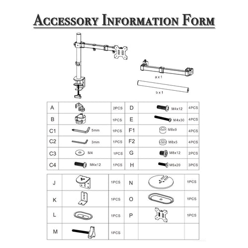 Desktop TV stand parts diagram with mounting brackets and hardware pieces