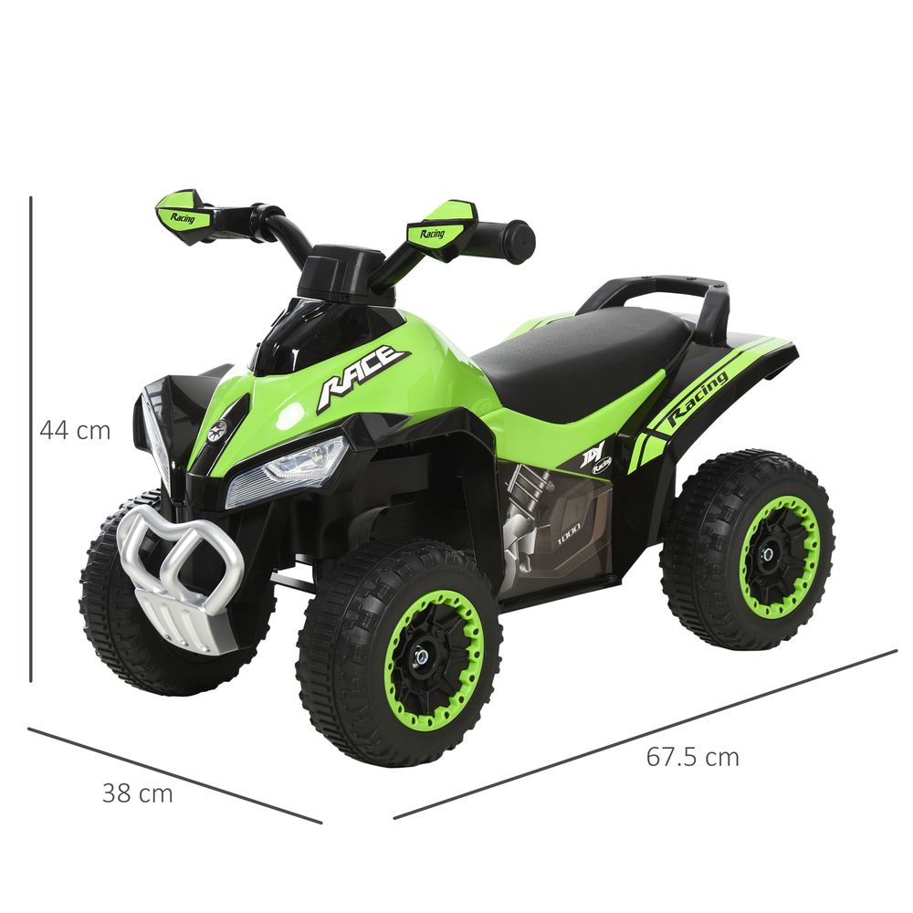 Green and black toddler ride-on quad car, front and side view with chunky green tires