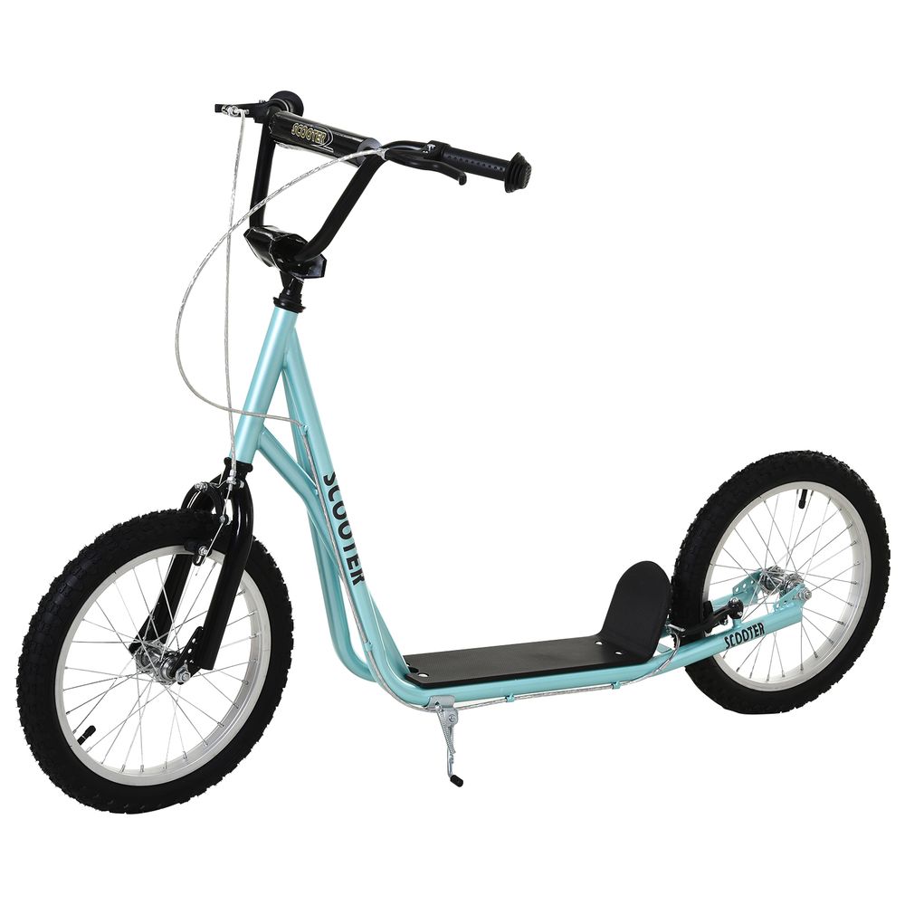 Kids kick scooter with light blue deck, black handlebars, and rubber wheels