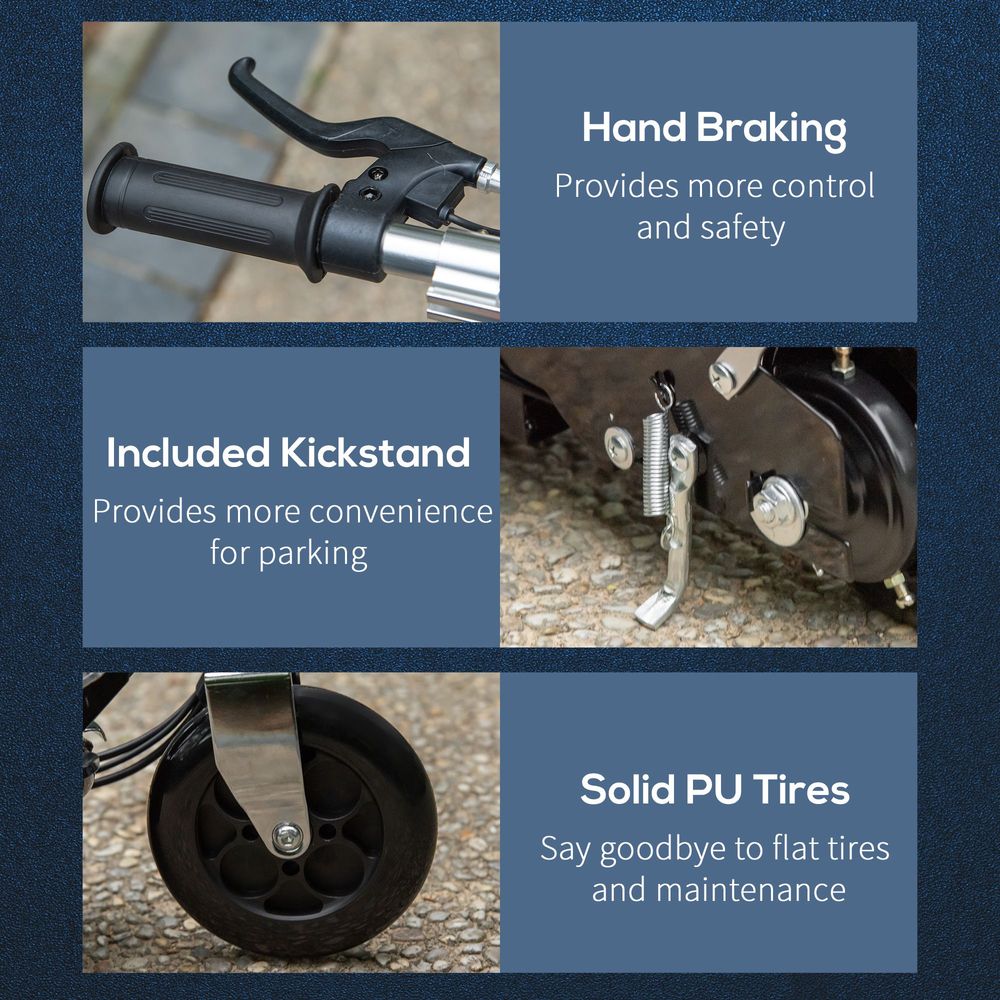 Kids electric scooter detail: hand brake handle, kickstand, and solid PU tires