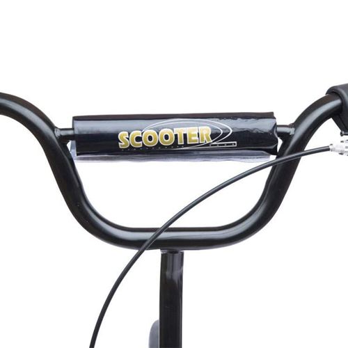 Kids kick scooter black handlebar with yellow 'SCOOTER' logo.