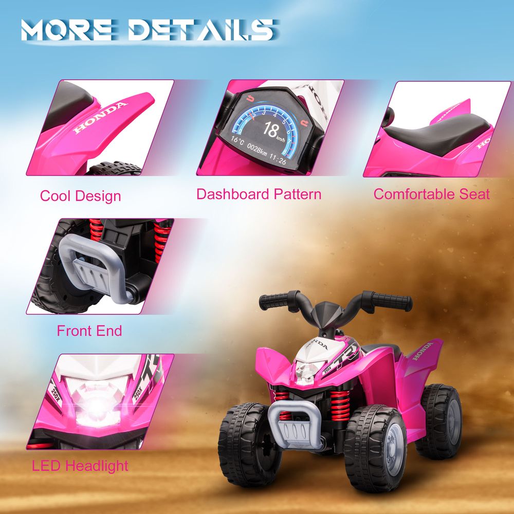 Pink electric quad bike with dashboard, LED headlight, and comfortable seat shown in detail