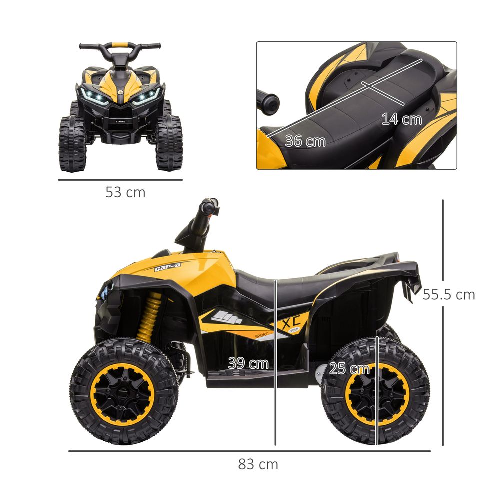 Yellow and black kids electric quad bike side view with front wheel detail