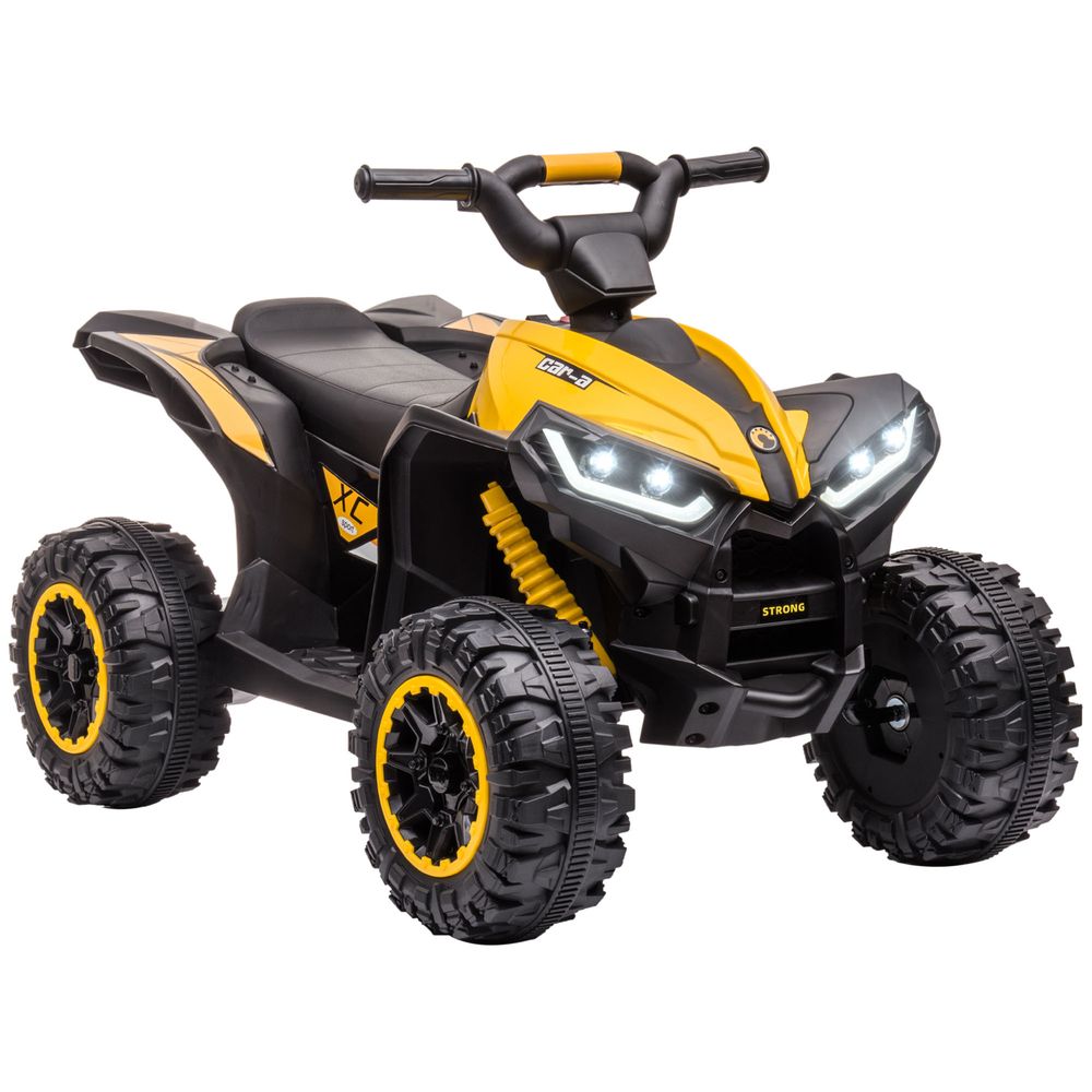 Yellow kids electric quad bike with black seat, four chunky tires and front LED lights