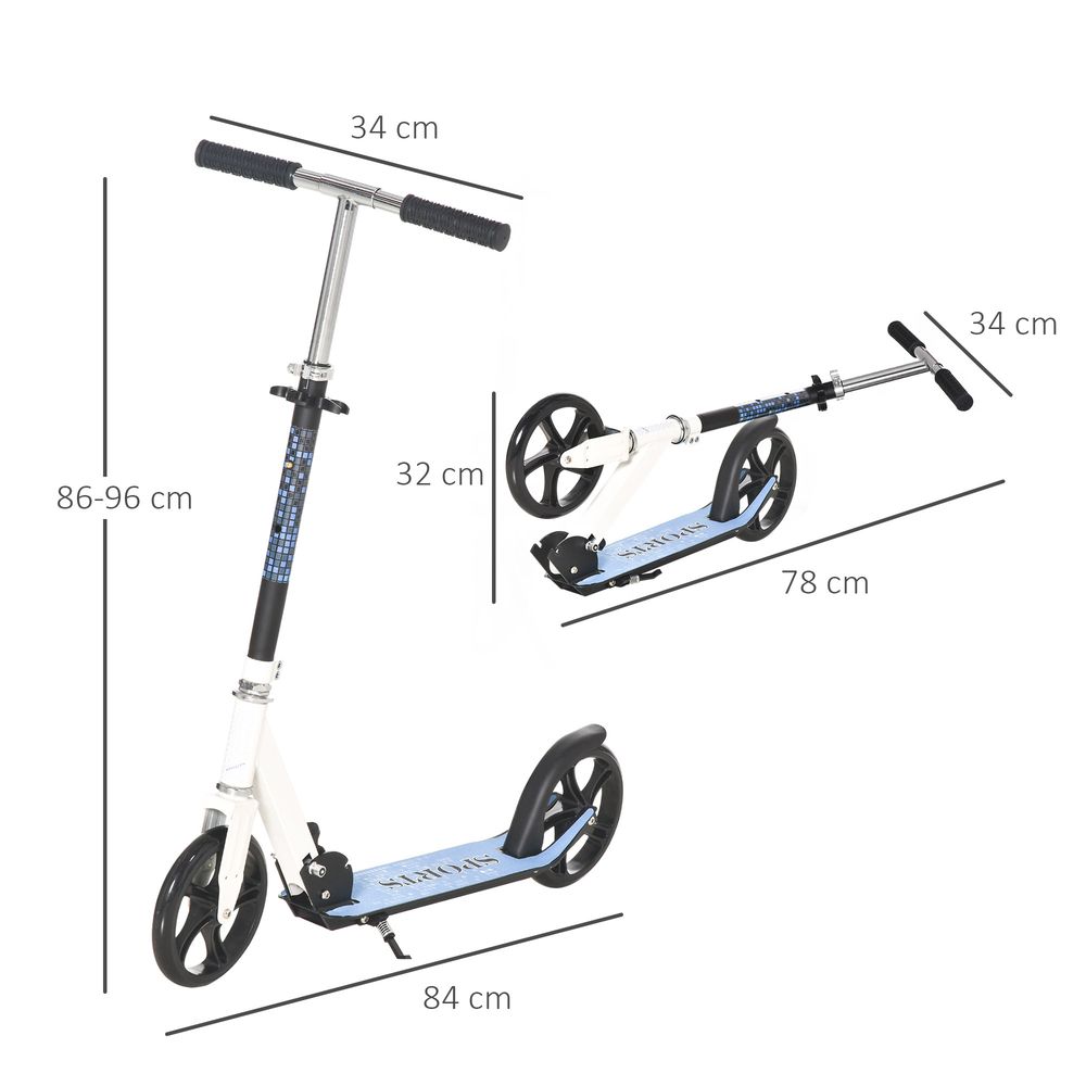Kick scooter with white frame, blue patterned stem, black handle grips and wheels.