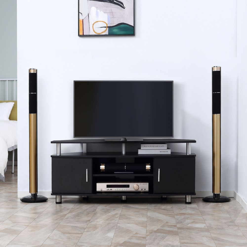 Black TV media console with center open shelf and cabinet doors, chrome-style supports