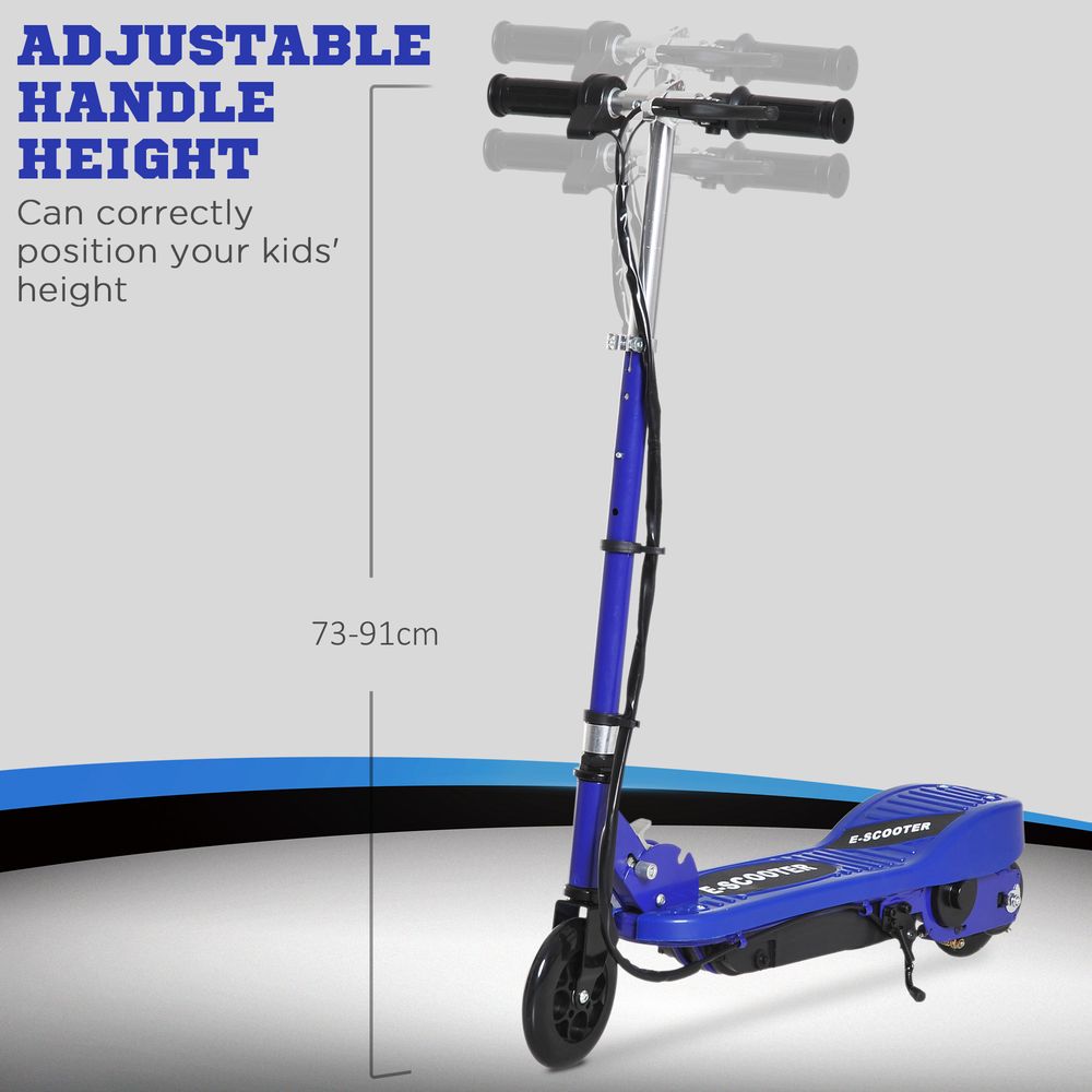 Blue kids electric scooter with adjustable handle height, front wheel and deck