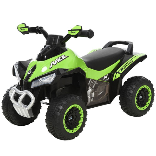 Green and black toddler ride-on quad car with black seat, handlebars, and front guard