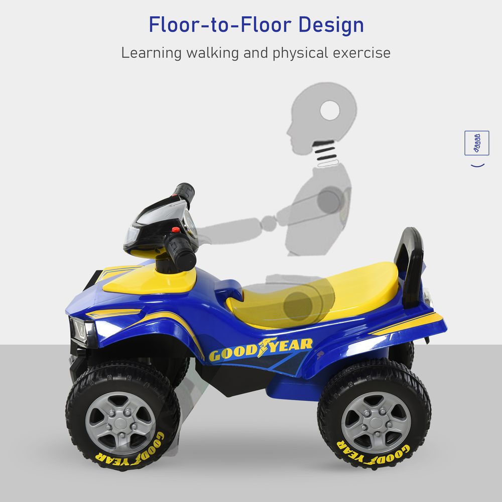 Blue Goodyear quad bike ride-on with yellow seat and foot-to-floor walking design.
