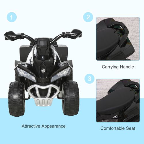 Front view of black toddler quad ride-on car with handlebar grips and LED lights