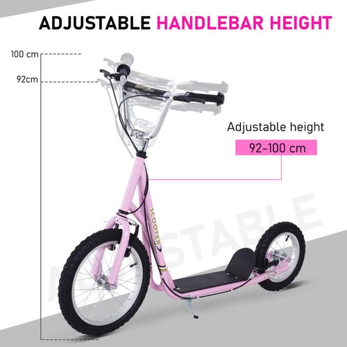 Pink kick scooter with adjustable handlebar height and black non-slip footboard