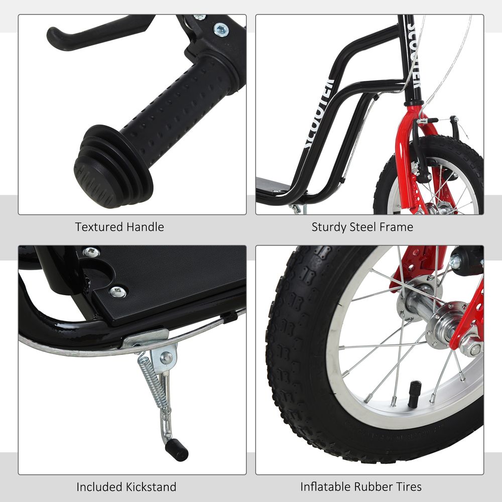 Kids kick scooter details: textured handle grips, sturdy frame, inflatable rubber tires