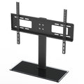 Flat TV mount bracket with central column stand and wide base, black metal frame