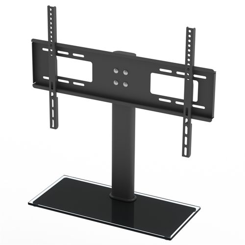 Flat TV mount bracket with central column stand and wide base, black metal frame