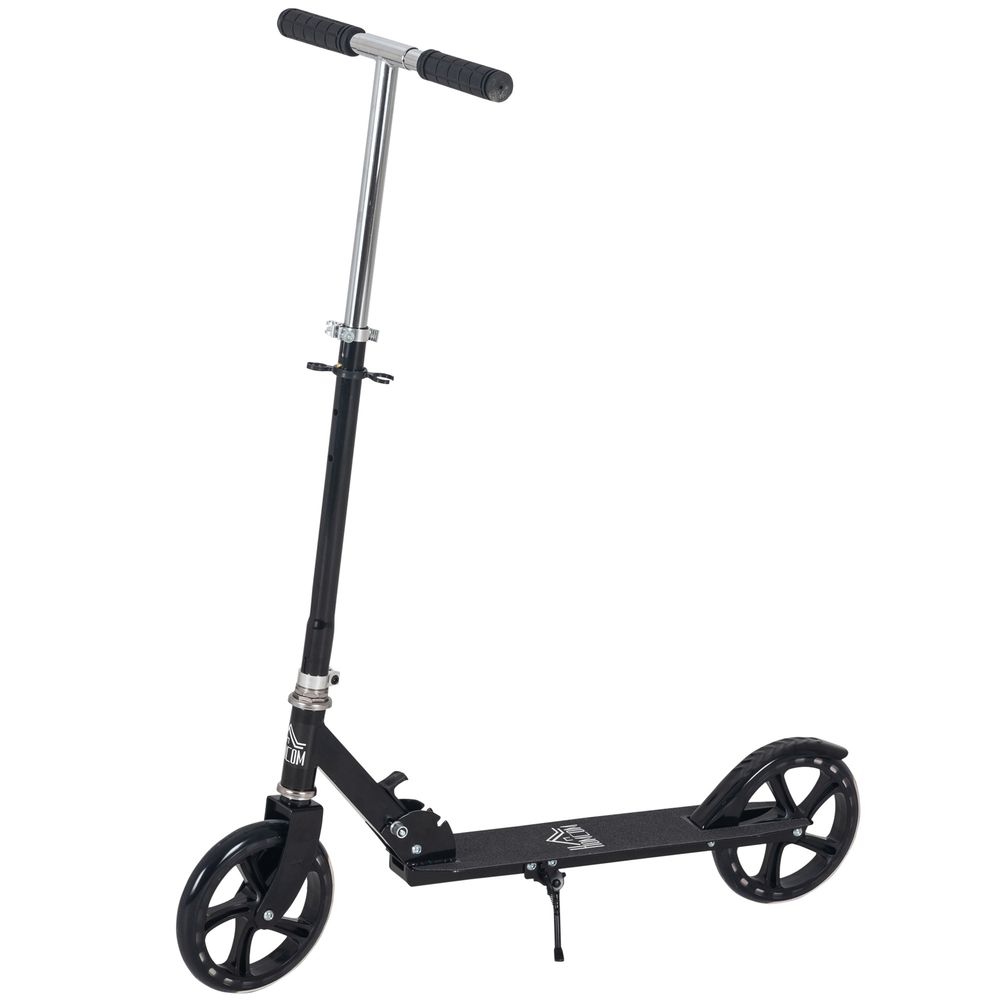 Black kids scooter with adjustable handlebar post and front wheel assembly