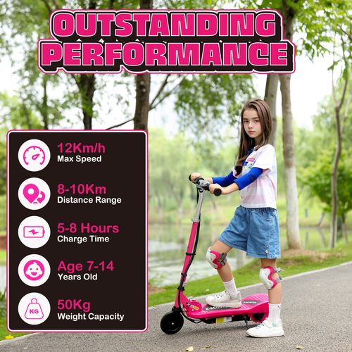 Pink electric scooter ridden by a child outdoors with deck and wheels visible