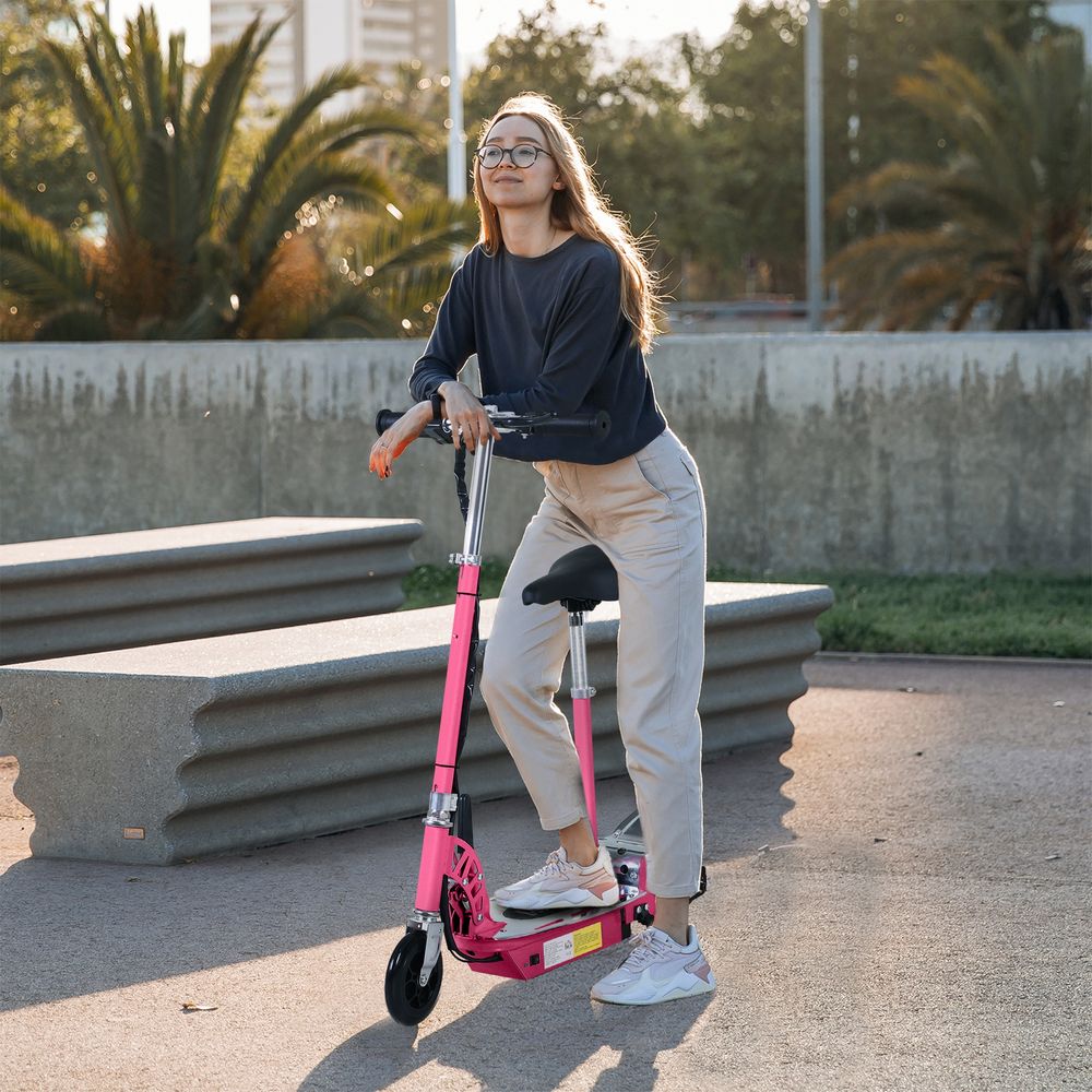 Pink foldable electric scooter with black seat and deck, upright with front wheel visible