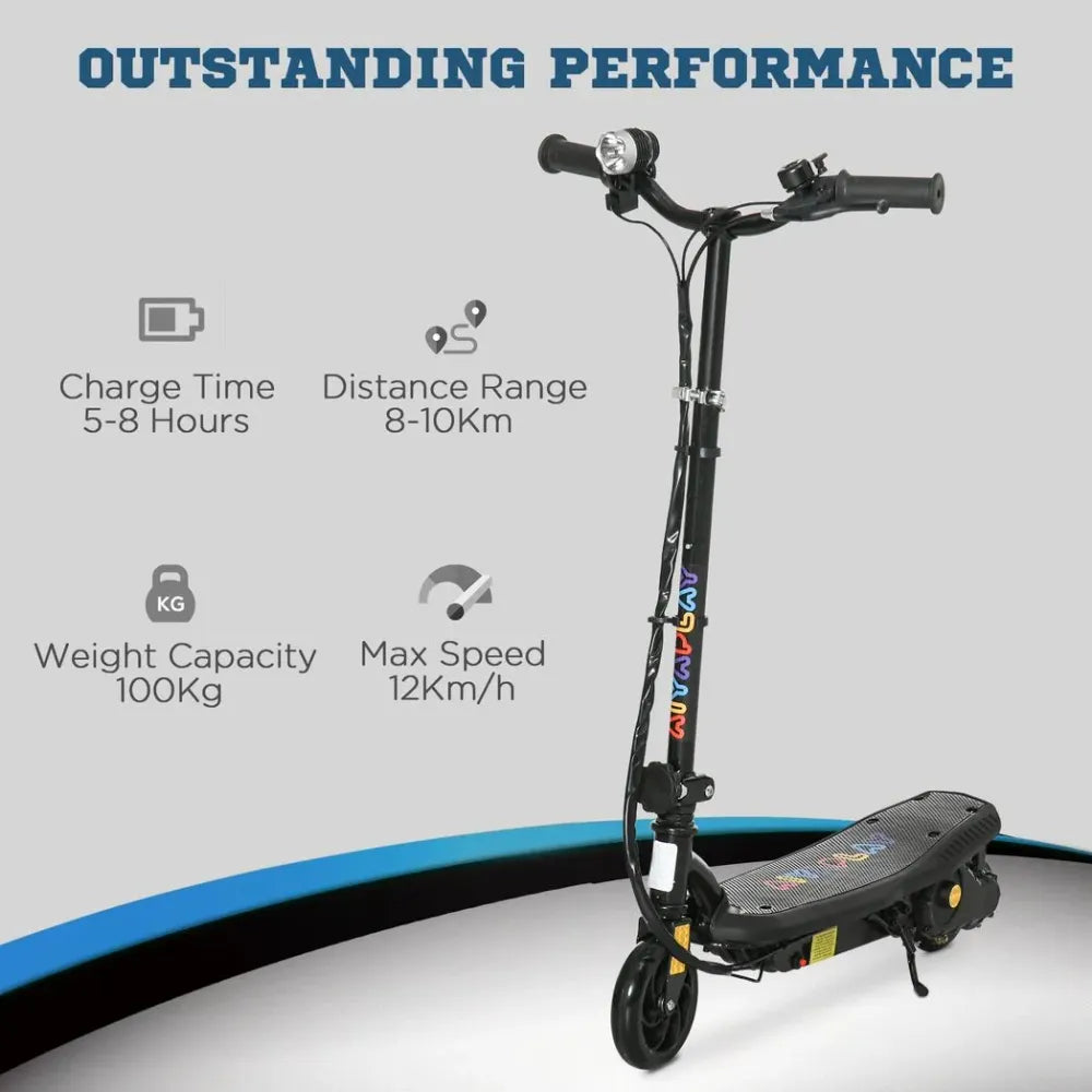 Black electric scooter upright with front headlight and textured foot deck