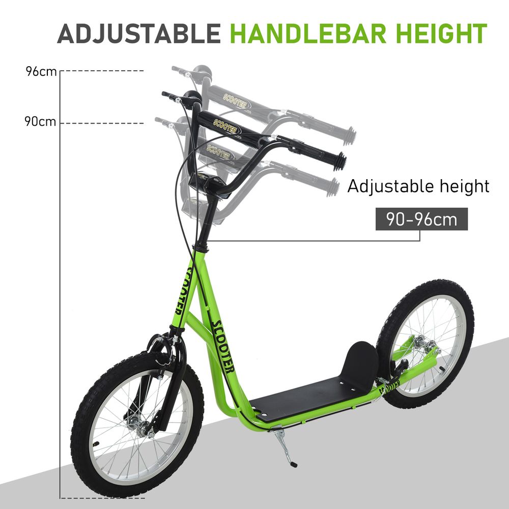 Green kids kick scooter with adjustable handlebars and black non-slip deck