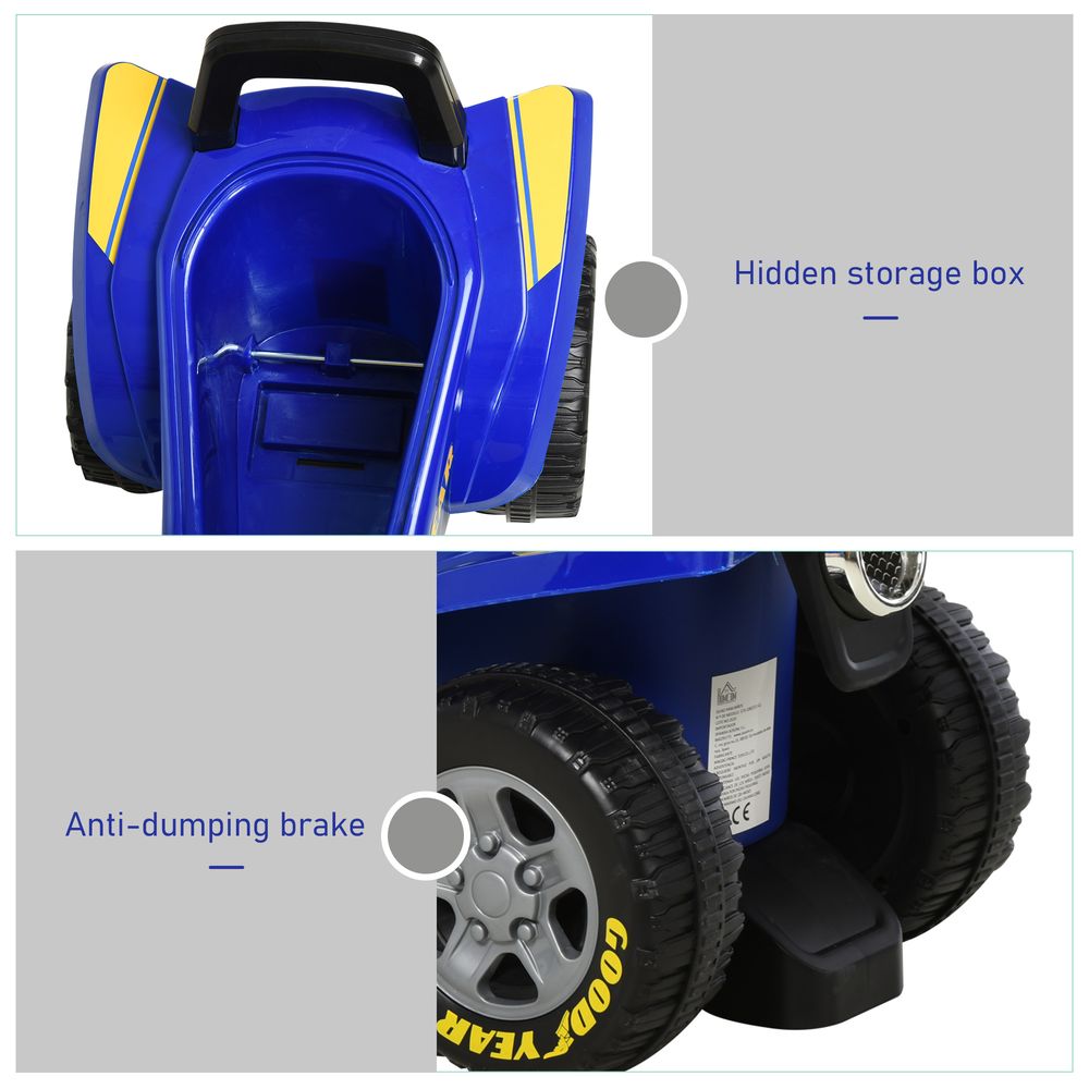 Rear storage box and wheel brake detail on a blue quad bike ride-on.