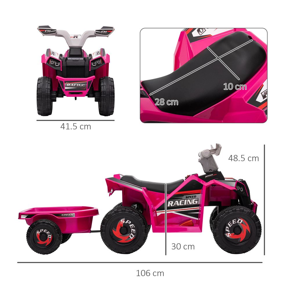 Pink electric quad ride-on with trailer, side and front view dimensions