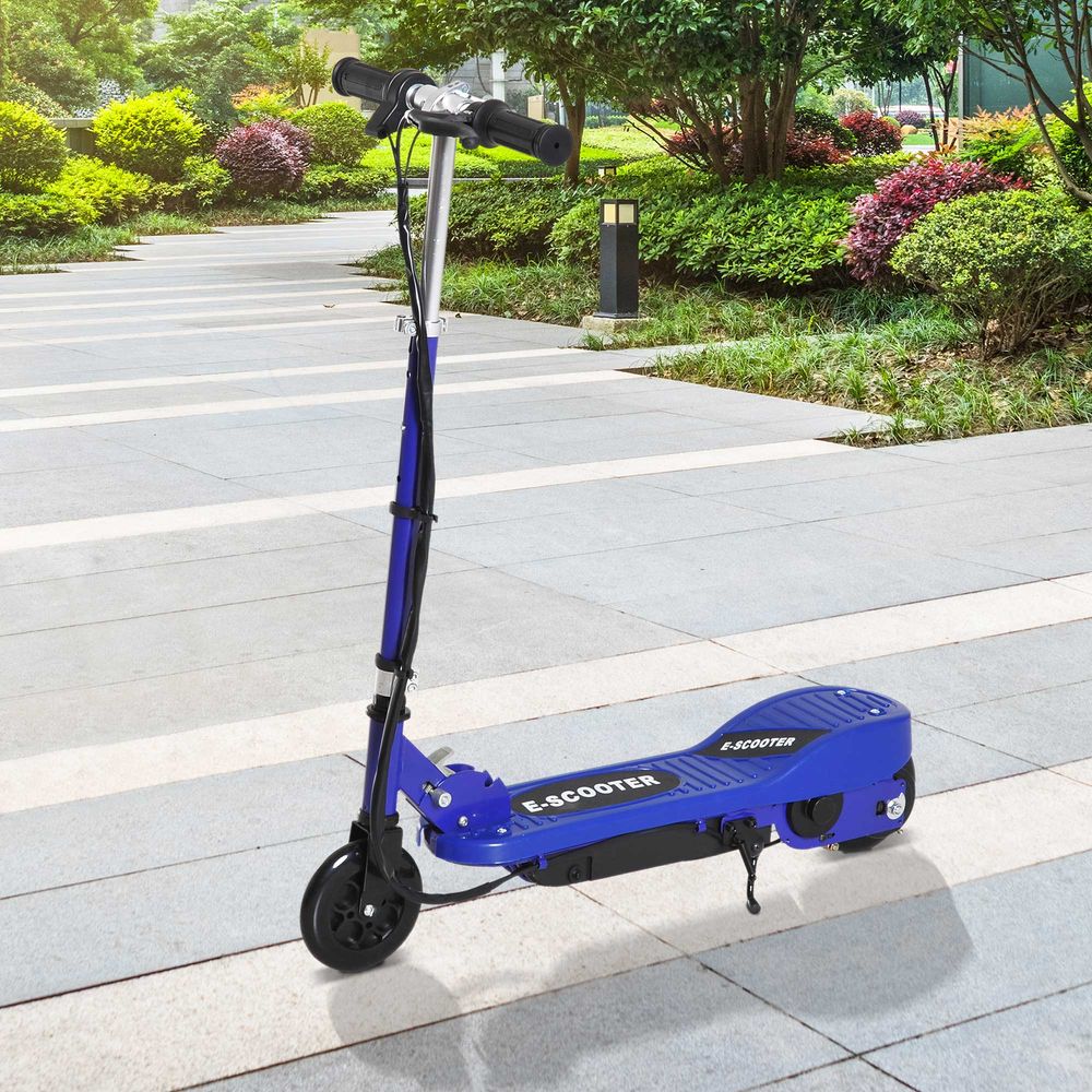 Blue kids electric scooter standing with kickstand down and front wheel turned