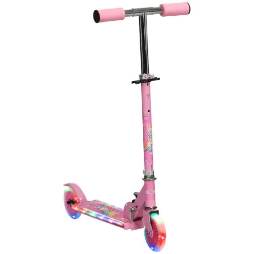 Pink kids scooter with T-bar handle and glowing front wheel